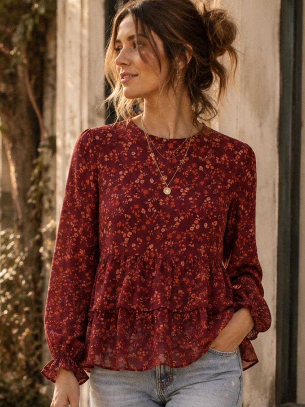 Altar'd State Burgundy Floral Tiered Peplum Boho Blouse L EUC